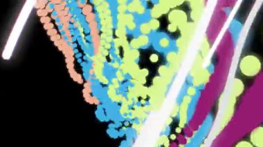 Mavi, sarı ve mor renkli akışkan noktaların renkli dijital illüstrasyonuyla canlı tasarım elementleri ile siyah arkaplan karşı karşıya