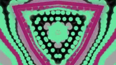 Siyah arkaplan çizimi üzerinde kaleydoskop etkisi olan canlı yeşil ve morumsu geometrik desenlere ve şekillere sahip soyut dijital sanat.