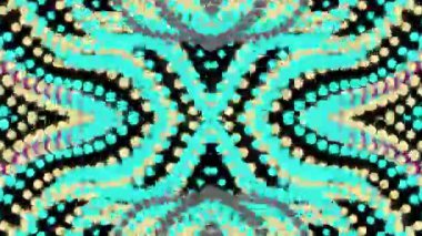 Siyah zemin üzerinde canlı turkuaz mavi ve bej noktalar içeren renkli soyut sanat, simetrik desenler ve tasarımlar yaratıyor.