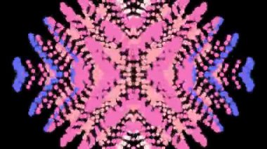 Siyah arkaplanda pembe mavi renkler içeren canlı kaleydoskop deseni karmaşık simetrik tasarımlar ve dinamik görsel efektler yaratıyor.