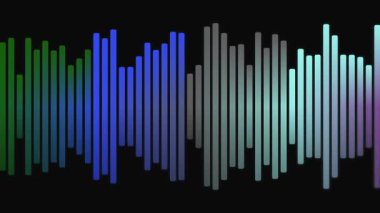 Ses frekansını ve müzik ritmini dinamik ve modern grafik tasarım kavramında temsil eden siyah zemin üzerindeki renkli çubuklarla canlı ses dalgası görselleştirmesi
