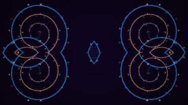 Animasyon video görüntüleri karmaşık dijital desenler ve dönen şekiller mavi ve turuncu hareket halinde koyu arkaplanda