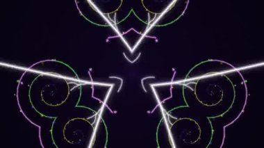 Canlı dijital animasyon büyüleyici spiral desenler ve siyah arkaplana karşı parlayan çizgiler sergiliyor