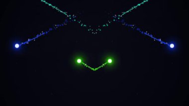 Geceleri senkronize hareket halinde uçan bir grup dron karanlık gökyüzünde büyüleyici bir ışık animasyonu yaratıyor.