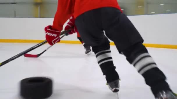 Rusia, entrenamiento de hockey para niños. Equipo de hockey sobre hielo junior — Vídeos de Stock