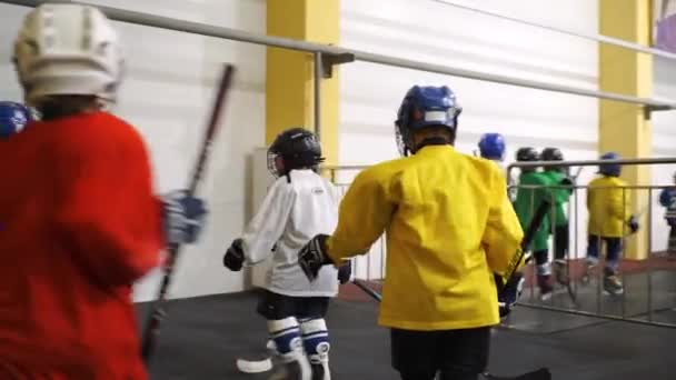 Rusia, entrenamiento de hockey para niños. Equipo de hockey sobre hielo junior — Vídeos de Stock