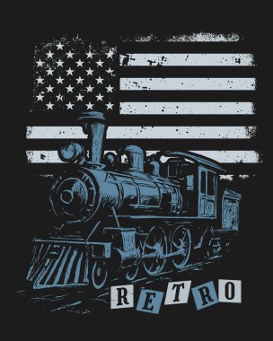 Kalın geçmişe dönük harflerle detaylı buharlı lokomotif çizimi