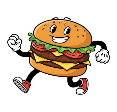 Kırmızı spor ayakkabı giyen, kolları ve bacakları olan neşeli bir çizgi film çizeri, koşar vaziyette resmedildi..