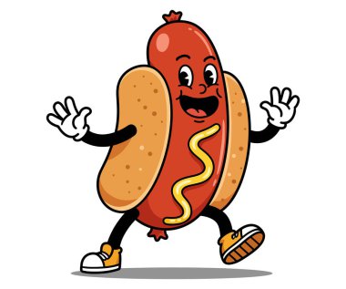 Bir topuz içinde neşeli bir sosisli, ayakkabı giyiyor, yürürken dalgalar; hardal görünür.