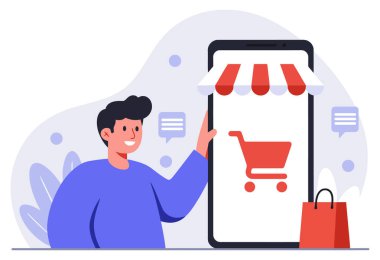 Gülümseyen bir adam, alışveriş arabası simgesini gösteren akıllı bir telefonla etkileşime girer, online alışveriş ve e-ticareti temsil eder..