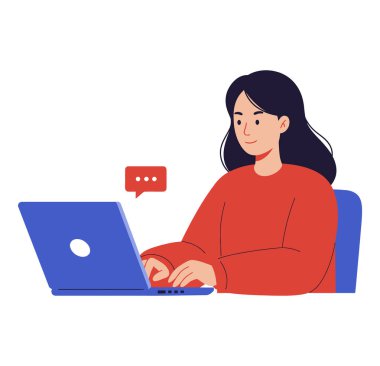 Koyu saçlı bir kadın mavi bir dizüstü bilgisayar üzerinde çalışıyor. Dizüstü bilgisayarın üzerinde üç noktalı kırmızı bir sohbet balonu görünür..