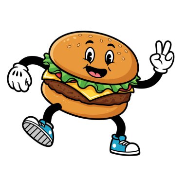 Kolları, bacakları ve ayakkabıları olan neşeli bir çizgi film burgeri, mutlu bir ifadeyle barış işareti veriyor..