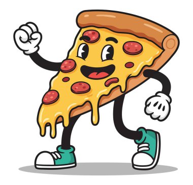 Gülen yüzlü, pepperoni soslu, kollu ve bacaklı bir pizza dilimi..