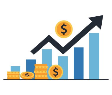 Mavi çubuk üzerinde yükselen bir kara ok ve yanında dolar işaretli altın paralar, finansal büyüme ve pozitif pazar eğilimlerini sembolize ediyor..