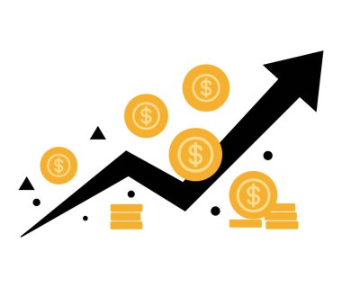 Altın sikkeler ve para yığınları, finansal başarıyı simgeleyen koyu siyah bir okun yanında yükseliyor..