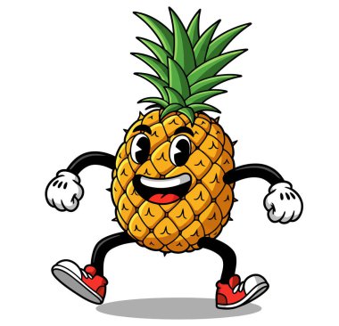 A cartoon pineapple character with googly eyes, a wide smile, black arms and legs, white gloves, and red sneakers, in a dynamic pose.