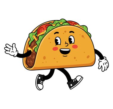 Kolları, bacakları ve spor ayakkabıları olan mutlu bir taco yürür, el sallar. Eski bir çizgi film tarzı var..