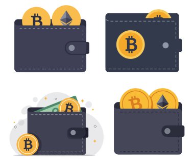 Dört dijital cüzdan, her biri çeşitli kripto para birimleri ve nakit ile dolu, düz bir tasarım tarzında sergileniyor..