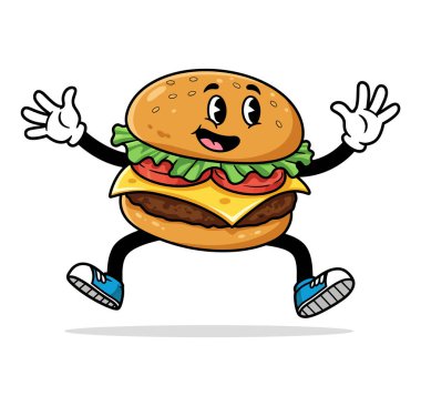 Neşeli bir çizgi film karakteri dinamik bir koşu pozuyla tasvir edilir, kollar havada ve bacaklar hareket halindedir..