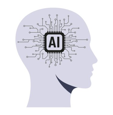 Beyin yerine yapay zeka harflerini içeren bir devre kartı olan bir insan kafası silueti..