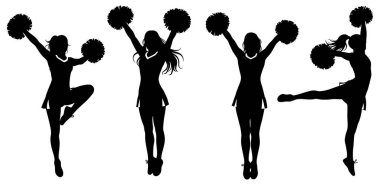 Dört ponpon kız poz veriyor, ponpon tutuyor, üniforma giyiyor. Şeffaf bir arkaplan karşısında siyah figürler.