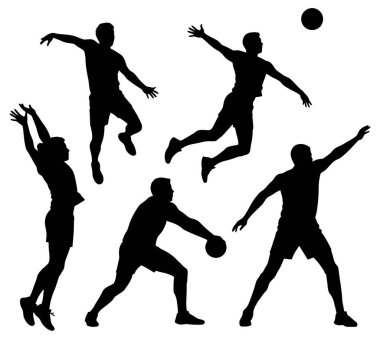 Çeşitli hareketlerdeki voleybol oyuncularının siyah siluetleri: atlama, topa uzanma ve servis yapma, sporun enerjisini yakalama.