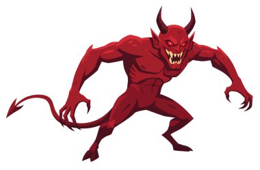 Keskin pençeleri ve geniş dişli sırıtışıyla dinamik bir duruşla tasvir edilen tehditkar kırmızı bir şeytan..