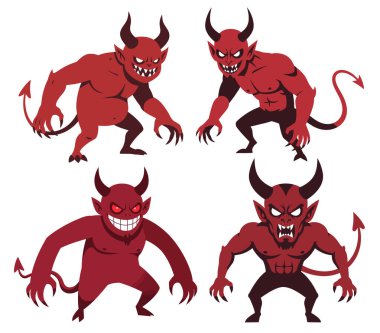 Boynuzları, keskin pençeleri ve tehditkar ifadeleri olan dört kırmızı çizgi film şeytanı, her birinin kuyruğu var..