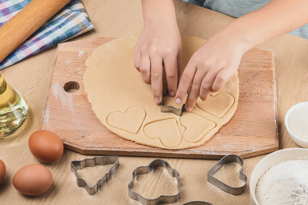 Child Holds Metal Mold Cuts Out Cookies Dough Wooden Board — Stock Photo, Image