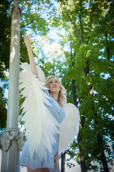 Angel Chica Con Grandes Alas Plumas Blancas —  Fotos de Stock