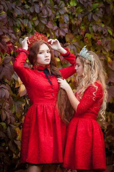 러시아 여자들은 예쁘다 러시아의 왕관을 자매들 외국에서 아내들 드레스를 공주들 — 스톡 사진
