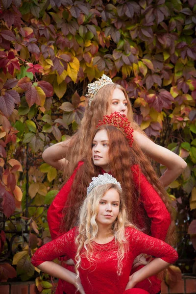 Ragazze Russe Sono Belle Tradizioni Nazionali Russe Sorelle Con Corone — Foto Stock