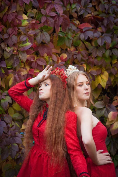 Російські Дівчата Гарні Російські Національні Традиції Сестри Коронах Дружини Кордону — стокове фото