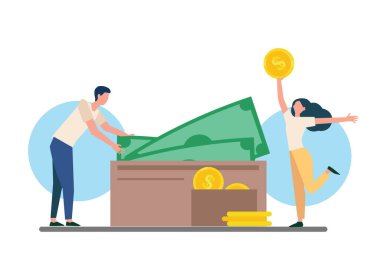 Takım çalışmasını, bütçe alışkanlıklarını, finansal planlamayı ve ortak para hedeflerini sembolize eden, para ve para tasarrufu yapan iki kişinin düz çizimi.