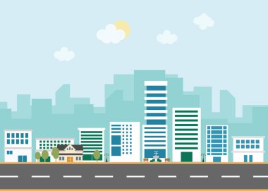 Düz yolları olan şehir binaları. Düz resim kavramı.