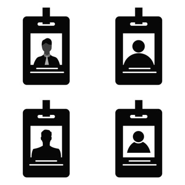 Düz monokrom tasarımlı Avatar siluetleri olan basit çalışan kimlik kartı ikonları koleksiyonu. Şirket, ofis ve UI kavramları için uygun temiz vektör biçimi.