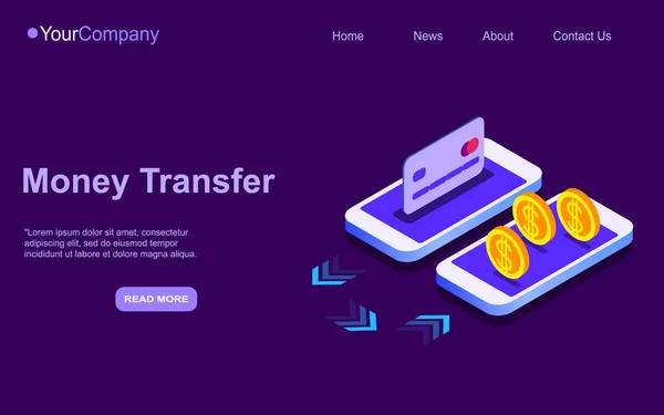 3dアイソメトリックウェブバナー財布とクレジットカード接続し、スマートフォンにお金を転送します。電子財布とモバイル決済ランディングページの概念。EPS — ストックベクタ