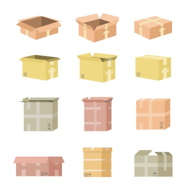 Karton kutu maketleri seti. Beyaz arka planda izole edilmiş. Vektör karton kutu resimleri. EPS