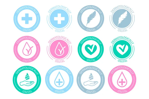Dermatolojik test simgesi seti. Dermatoloji testi ve dermatolog alerji içermeyen ve sağlıklı ürünler için klinik olarak kanıtlanmış bir ikon EPS