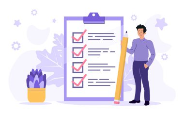 Elinde kalem olan bir poster işadamı. Pano kağıdında işaretli bir liste. İş görevlerinin başarıyla şekillendirilmesi. Düz vektör çizimi. EPS