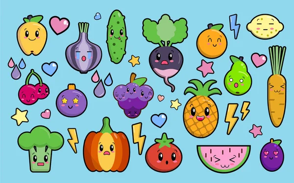 Set of colorful images of cute kawaii vegetables and fruits. Isolated elements on blue background, flat style objects for design. Funny food, characters for children, vector illustration EPS — Stock Vector
