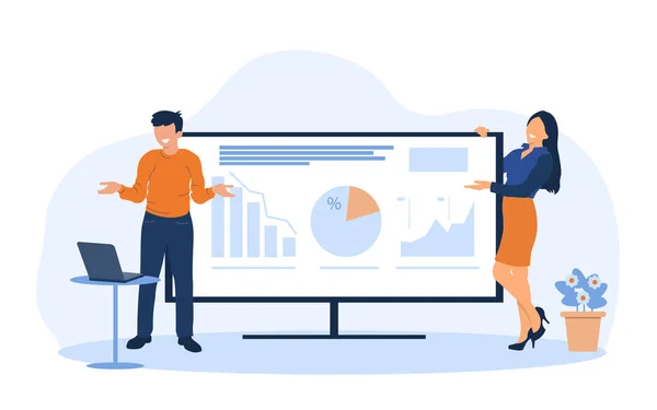 Geschäftsleute Mann Frau Treffen Seminar Schulungskonferenz Geschäftsleute Gruppe Brainstorming Präsentation Finanzdiagramm Vektor Illustration EPS — Stockvektor