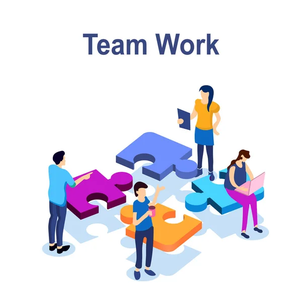 Teamwork success isometric icon, puzzle business solution, working together, association of people, startup, flat vector illustration EPS — Stock Vector