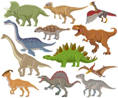 Tyrannosaurus Rex, Triceratops, Stegosaurus, Brachiosaurus, Spinosaurus ve Pterosaur gibi çeşitli dinozorlar içeren kapsamlı bir vektör çizimi. Yüksek kalite, renkli daire tasarımı eğitici materyal için mükemmel