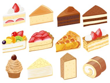 Çilekli pasta ve çikolatalı pasta da dahil olmak üzere çeşitli pasta dilimlerinin beyaz üzerine izole edilmiş vektör çizimi.