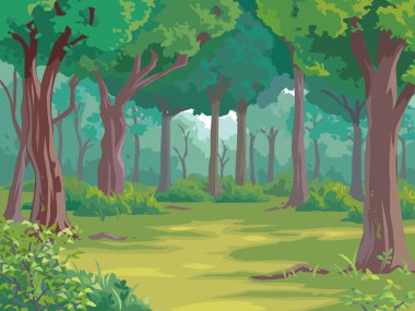 Yeşil bir ormanın huzurlu bir manzarası. Çeşitli uzun ağaçlar, gür çalılar ve yumuşak bir ışık altında çimenli bir tarlaya sahiptir. Doğa temalı arka planlar için mükemmel..