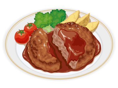 İkiye bölünmüş lezzetli bir hamburger bifteğinin çizimi, üzerinde de zengin yarı buzul sosu var. Brokoli, kiraz domatesleri ve patates dilimleriyle servis edilir. Restoran menüleri, ev yemeği reklamları ya da kafe promosyonları için mükemmel..