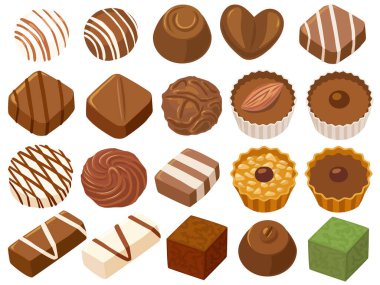 Koyu, sütlü ve beyaz çikolatalı olmak üzere çeşitli şekillerde ve tatlarda çeşitli gurme çikolatalı pralinler ve bonbonlar.