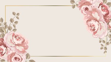 Zarif pembe gül çiçekli kenar ya da altın çerçeveli köşe dekorasyonu ve bej arka planda yeşil yapraklar.