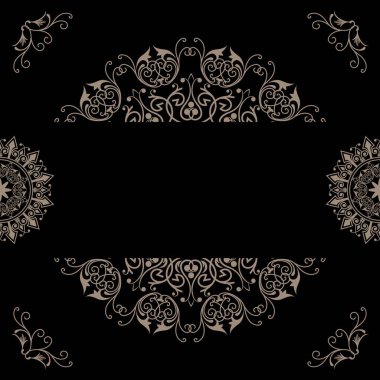 Siyah arka planda karmaşık çiçek girdapları ve filigran ile zarif altın mandala tarzı süs, metin için lüks bir çerçeve oluşturuyor.
